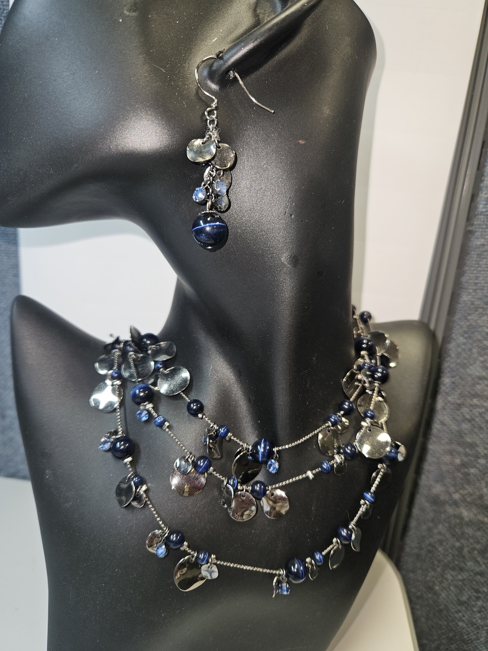 Layered Navy Blue Bead and Silver Disc Necklace with Matching Earrings